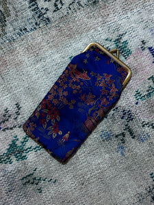 Blue Floral Brocade Satin Pouch