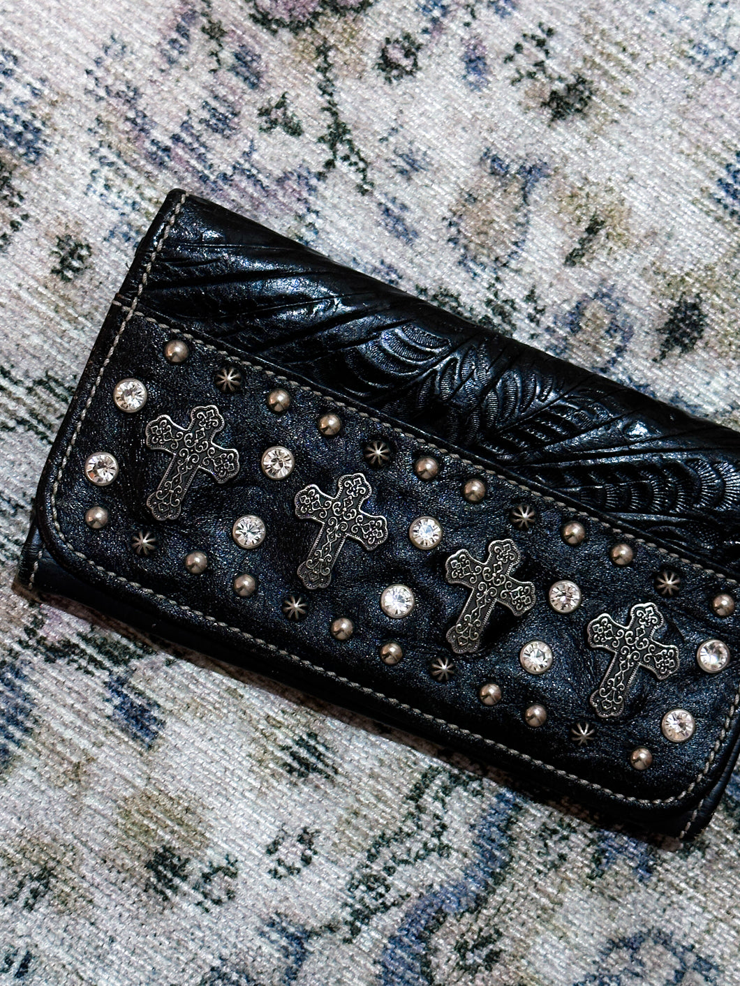 American West Gothic Black Leather Cross Studded Wallet