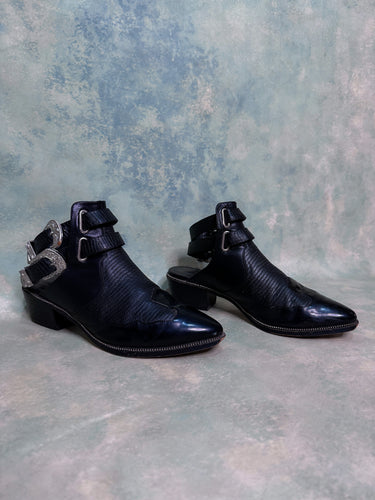 Designer Senso Lucas Western Black Leather Buckle Ankle Boots