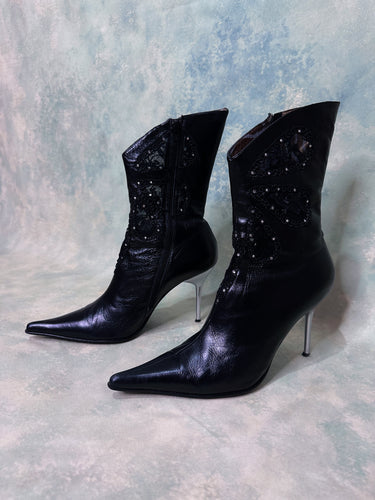 1990s Black Leather Ornate Lace Diamanté Stilleto Boots