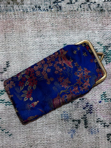 Blue Floral Brocade Satin Pouch