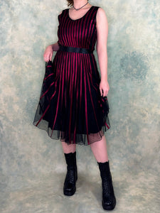 Gothic Black Mesh & Dark Red Satin Stripe Midi Dress