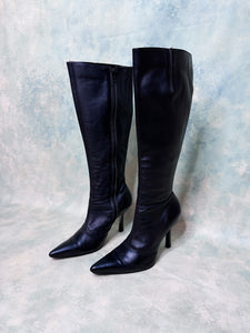 1990s Table Eight Black Leather Knee High Stiletto Boots