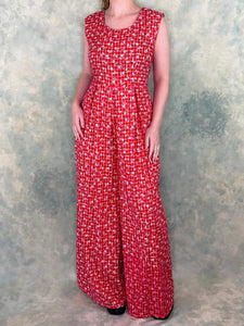 90s Red Floral Check Jumpsuit