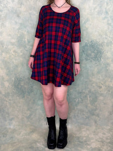 Red & Navy Blue Plaid Tartan Swing Dress