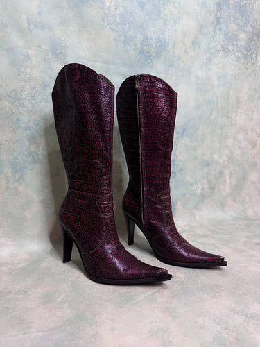 1990s Burgundy Leather Reptile Stiletto Knee High Cowboy Boots