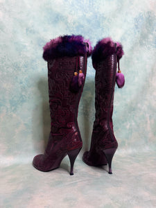 Rare Vintage 1990s El Dantes Red Ornate Snakeskin Knee High Fur Stiletto Boots