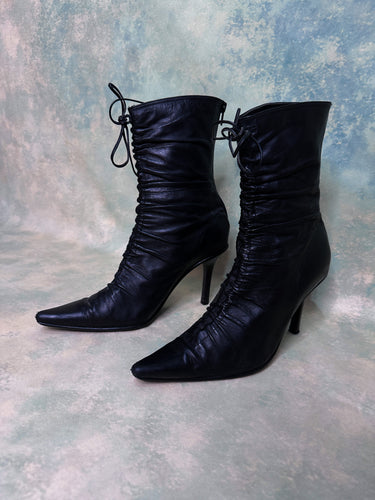 Sachi Black Leather Cinched Tie Stiletto Boots