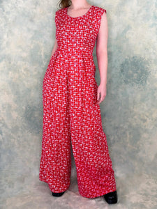 1990s Red Floral Check Flared Jumpsuit