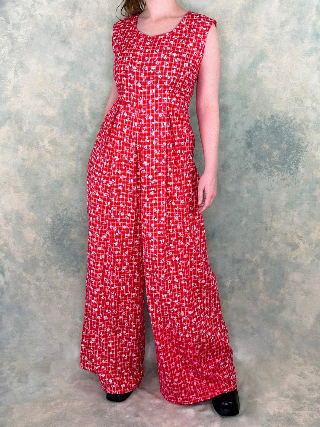 90s Red Floral Check Jumpsuit