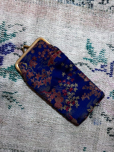 Blue Floral Brocade Satin Pouch