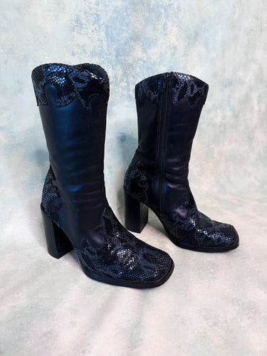 1990s RMK Design Black Leather Snakeskin Patchwork Boots