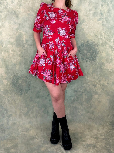 1980s Laura Ashley Red Floral Drop Waist Dress