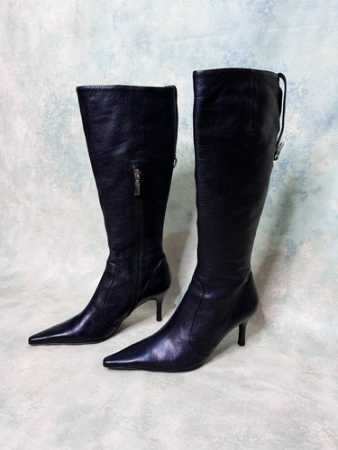 Basque Black Leather Knee High Stiletto Boots