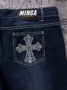 Minga London Mia Embellished Cross Low Rise Flared Jeans