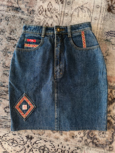 1990s Fun Shop Blue Denim Patchwork Skirt