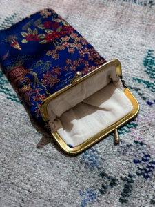 Blue Floral Brocade Satin Pouch