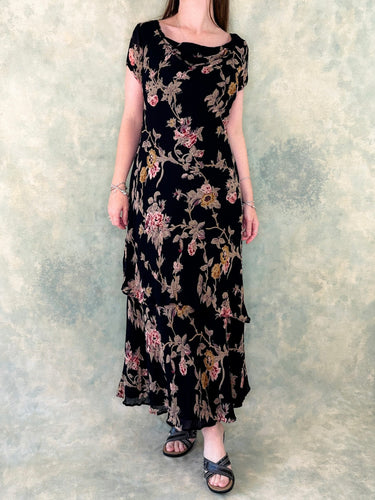 1980s Rubi Pesini Floral Mesh Cowl Neck Maxi Dress
