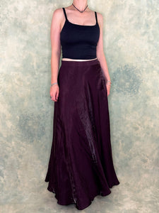 1990s Laura K Dark Plum Satin Maxi Skirt