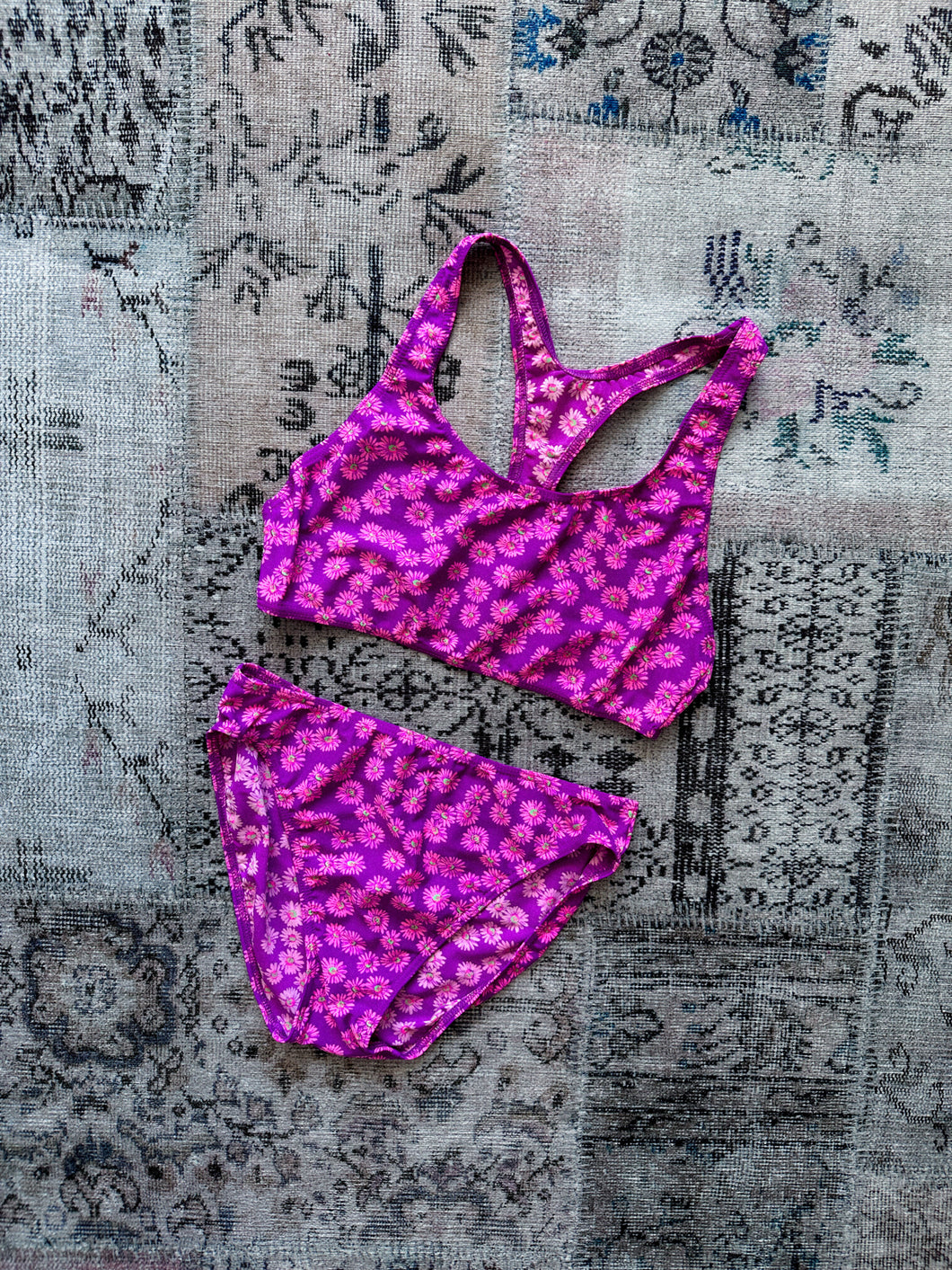 1980s/1990s Magenta Neon Pink Sunflower Bikini Set