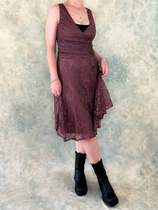 1990s Brown Plum Floral Lace Midi Dress