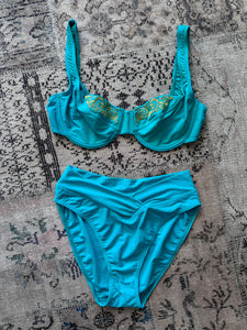 1980s/1990s Pose Turquoise Embroidered High Cut Bikini
