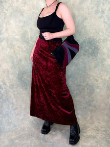 1990s Silhouette Blood Red Crushed Velvet Maxi Skirt