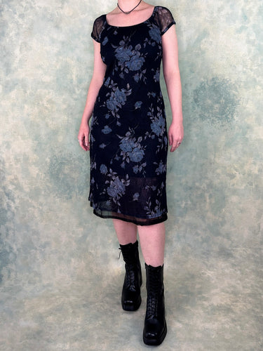 1990s Black Grey Floral Roses Mesh Midi Dress
