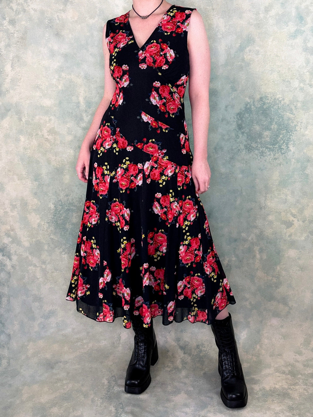 Rose Floral Mesh Midi Dress