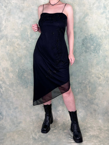 1990s Purple Patch Black Beaded Asymmetrical Dress